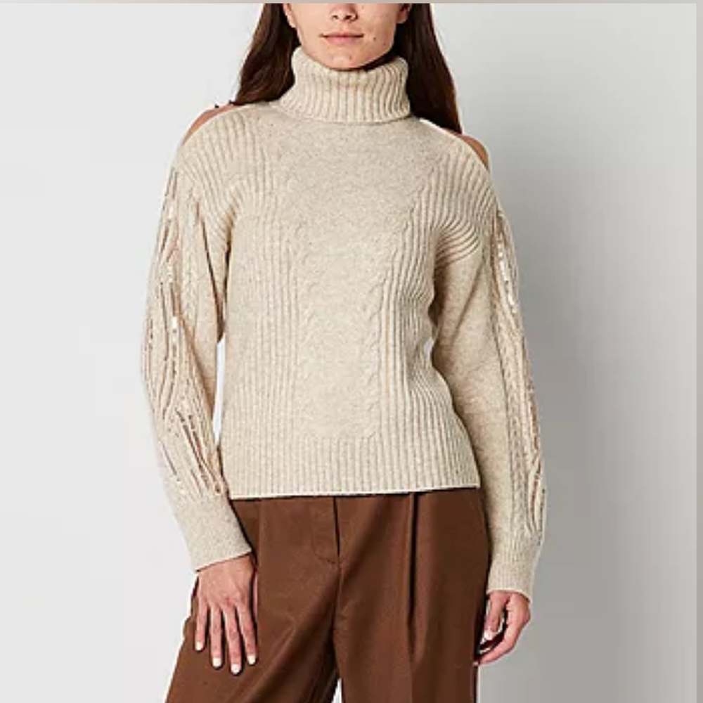 WORTHINGTON Oatmeal T-neck Cold-shoulder Embellished Sleeve Sweater Size XXL